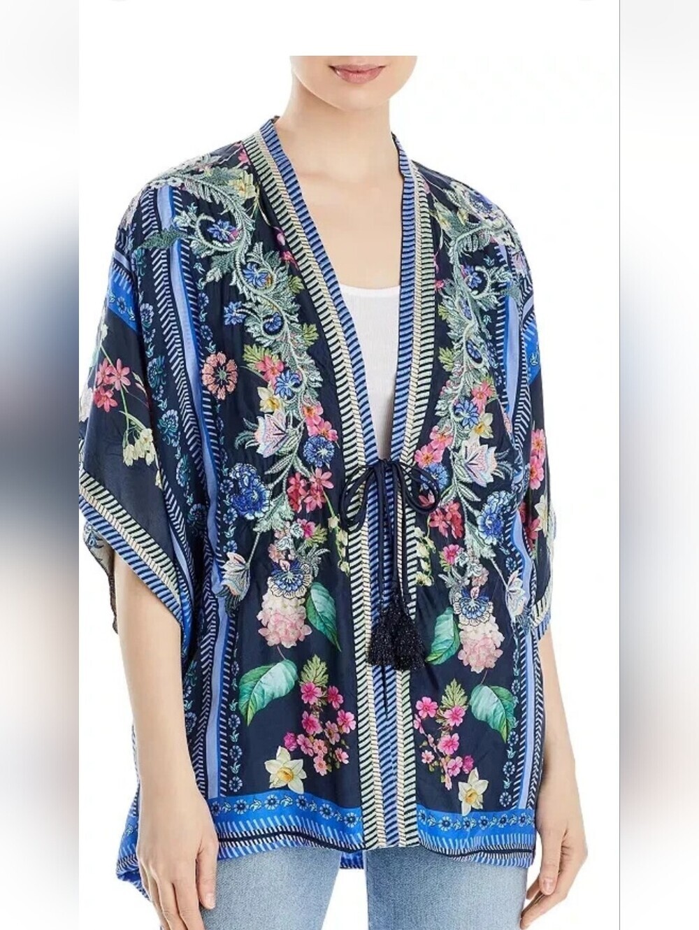 Johnny Was Silk Leia Boho Floral Embroidered Tassel Tie Kimono, Multi Colors - Picture 2 of 5